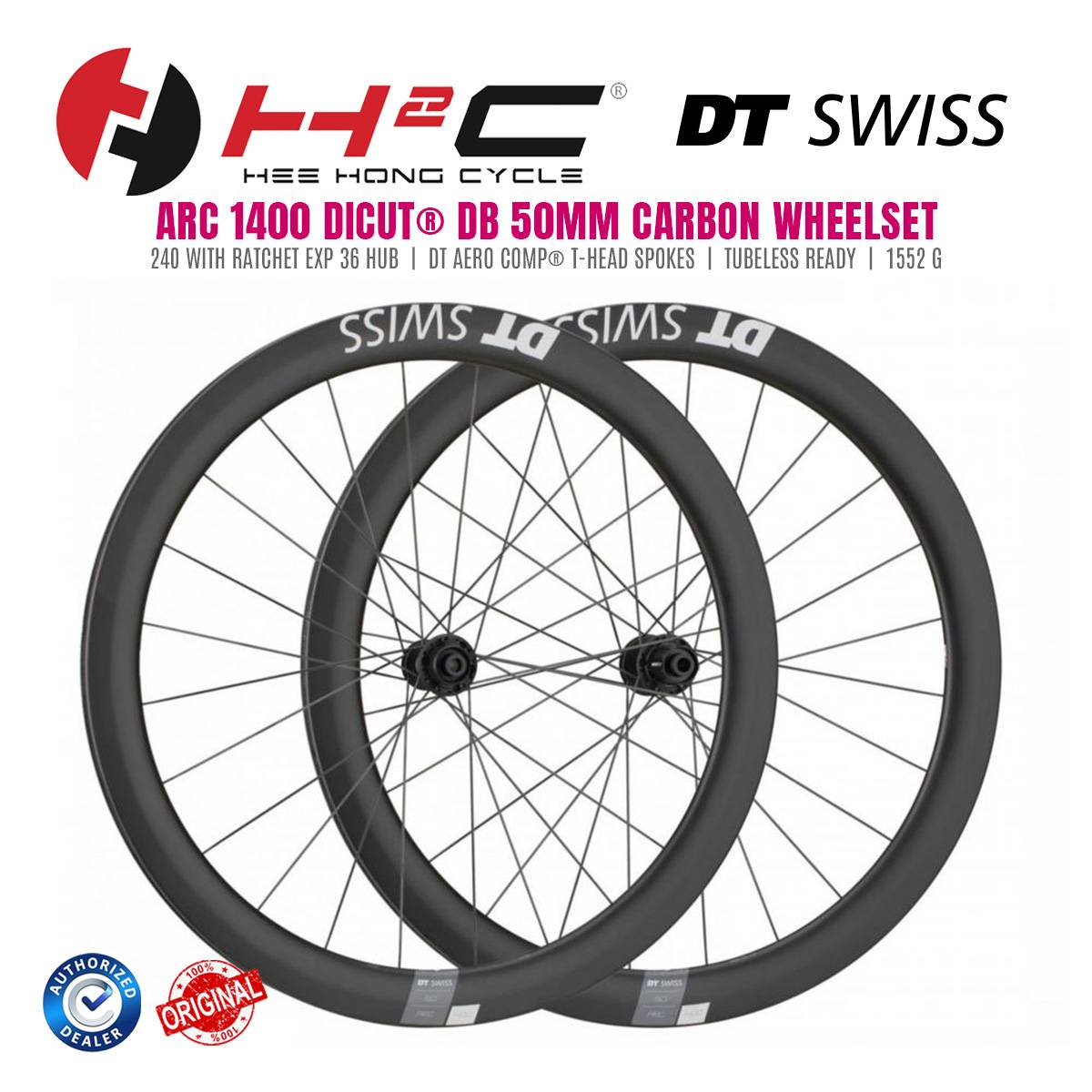 DT SWISS ARC 1400 DICUT® DB 50mm Tubeless Ready Carbon Wheelset